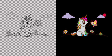 A cute cartoon unicorn character with a colorful mane and horn sitting peacefully among small flowers and fluffy clouds illustration © Saneya