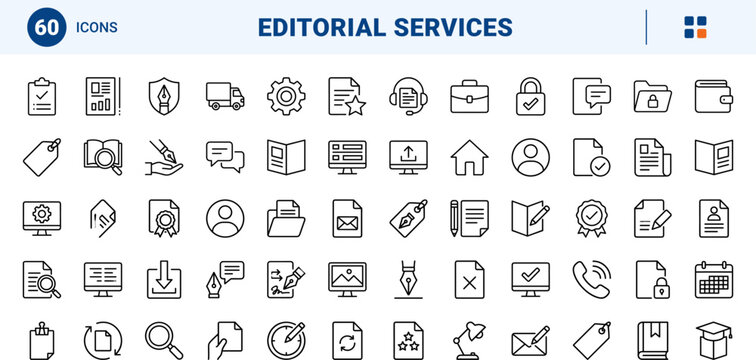 Editorial line icon set. Vector pictograms of document, service, interface, and trust elements, thin linear illustration.