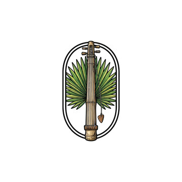 Detailed Illustration Of A Sasando Harp Instrument Set Within A Decorative Oval Border Accompanied By Vibrant Tropical Foliage Representing Cultural Heritage Vector Illustration