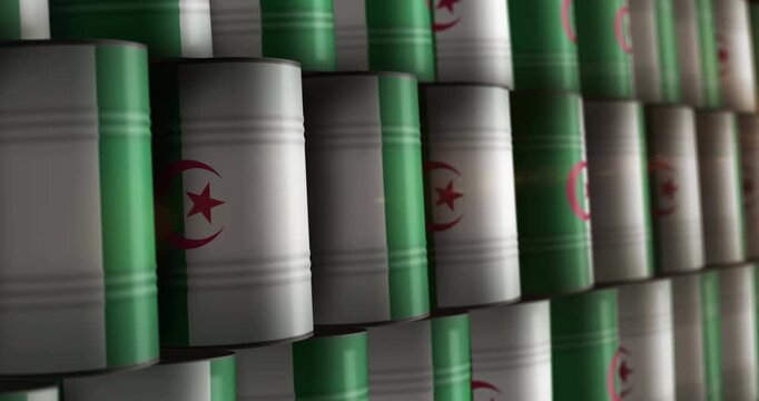 Algeria oil business and fuel extraction barrels in row seamless and loopable concept. Algerian petrol industrial containers.