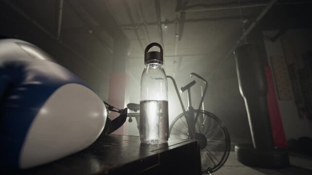 Reusable water bottle standing on wooden bench next to boxing glove in gym with exercise equipment. Ideal for promoting fitness brands, hydration products, and athletic lifestyle campaigns