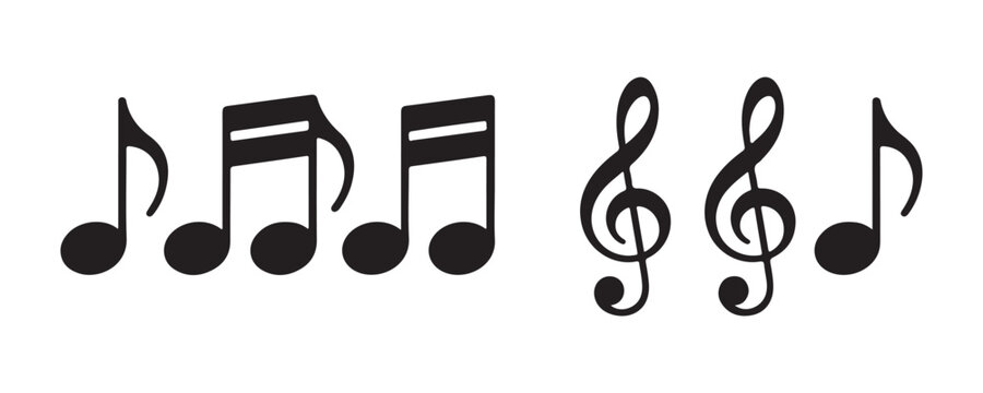 Set of musical notation symbols featuring treble clefs and eighth notes on transparent background.