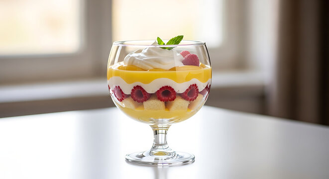 Layered dessert trifle with raspberries and custard is presented in a stemmed glass dish raspberry