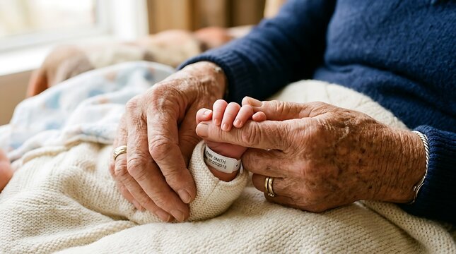 Close up of deeply wrinkled elderly hands gently holding the tiny hand of a newborn baby, generational family legacy.