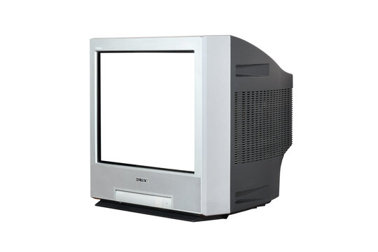 Vintage silver Sony Trinitron CRT TV with white blank screen, isolated on white.