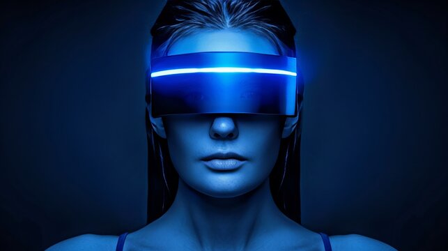 Futuristic portrait of woman wearing luminous vr glasses for tech brand campaign in minimalist style