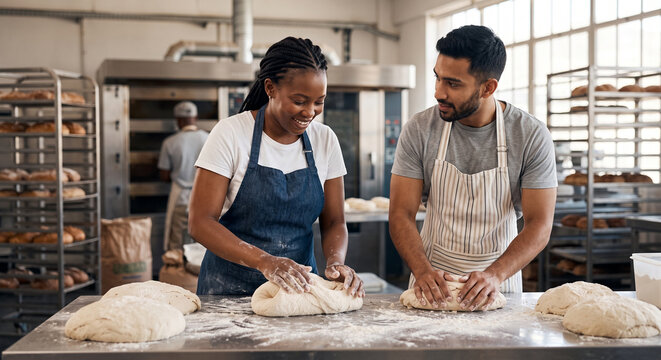 Diverse commercial bakers kneading dough on stainless steel table.