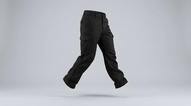 Black cargo pants floating against a plain gray background.