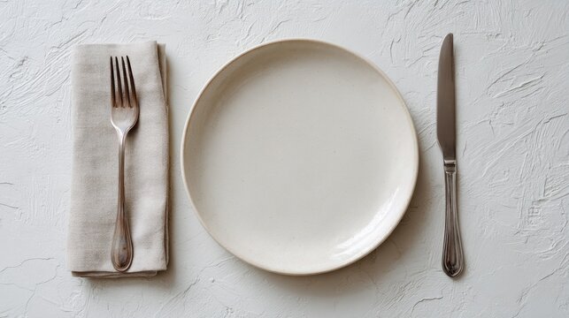 Overhead shot of a simple place setting on a textured white surface a round plate, knife, and fork atop a folded napkin