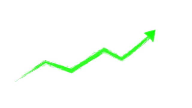 Hand drawn green upward trend arrow animation pack, stock market growth and financial success concept compilation on black background