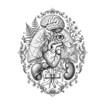 Victorian anatomical composition featuring human heart, lungs, brain and kidneys within an ornate decorative engraved frame