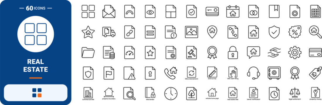 Real estate line icon set. Vector pictograms of document, legal, insurance, and property elements, thin linear illustration.