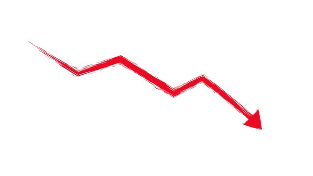 Hand drawn red downward trend arrow animation pack, stock market crash and financial loss concept compilation on black background
