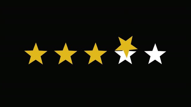 Simple five star rating animation with gold stars appearing and disappearing on a black background for review and feedback systems with alpha channel compatibility