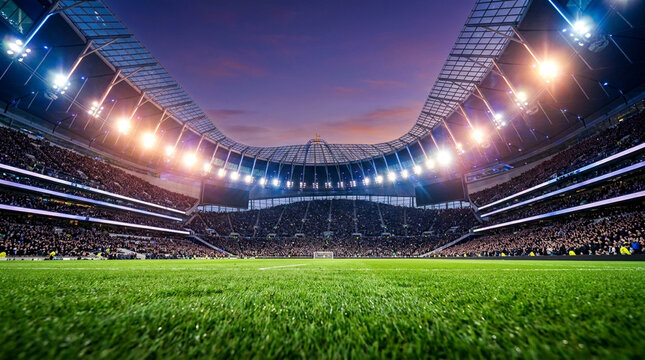 Modern football stadium filled with spectators at twilight, low-angle view of green grass pitch illuminated by bright floodlights under a purple and orange evening sky.