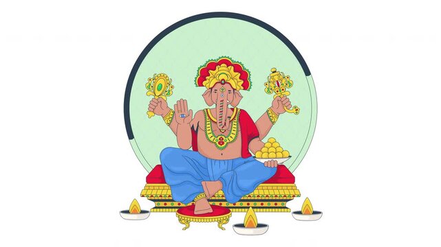 Lord Ganesha sitting with modak and sacred symbols cartoon animation. Hindu deity. Indian culture. Elephant god Ganapati animated flat 2D character 4K video isolated on transparent white background