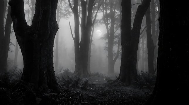 Mysterious dense forest in thick morning fog with dark silhouettes of trees