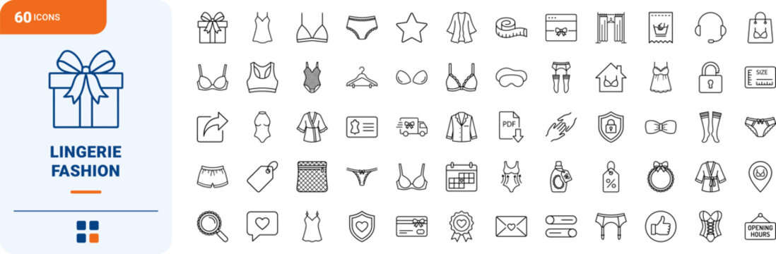 Lingerie store website line icon set. Vector pictograms of intimates, sleepwear, underwear, and web interface elements, thin linear illustration.