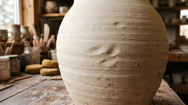Close up of a clay pottery vase on a workshop table.