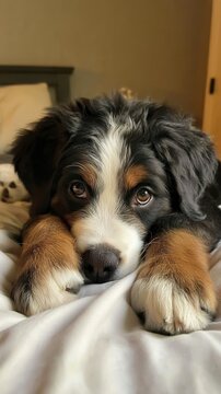 Bernese mountain dog puppy close up lying on bed in bedroom