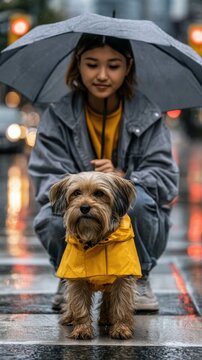 Young woman crouching with dog wearing raincoat on wet street