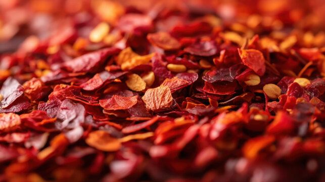 Dried chili flakes scattered on textured surface closeup