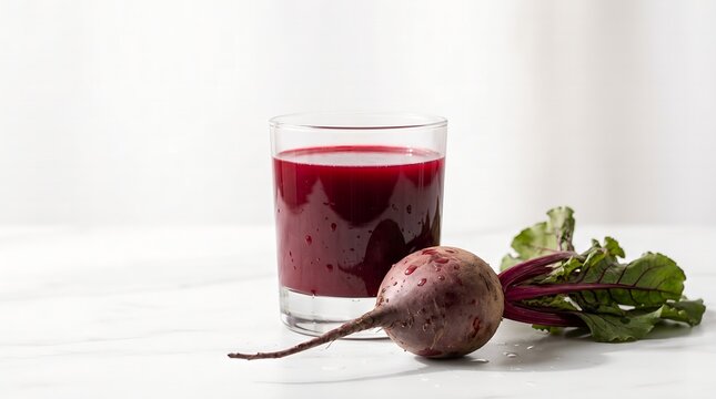 Freshly Pressed Beetroot Juice in a Glass with a Raw Organic Beet Vegetable on a White Surface