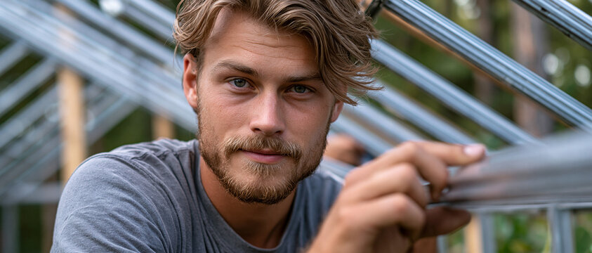Young man leaning on metal frame in outdoor structure