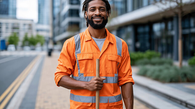 Man in orange coverall gripping broom on city pedestrian lane
