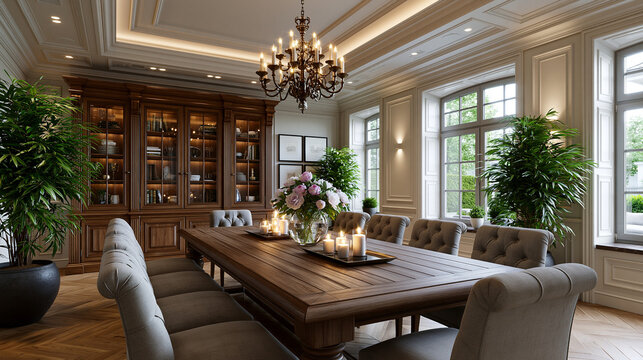 Dining room set with floral centerpiece in bright interior
