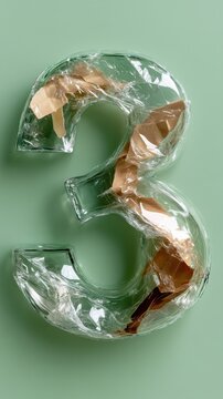 Transparent glass number three with crumpled paper on green background