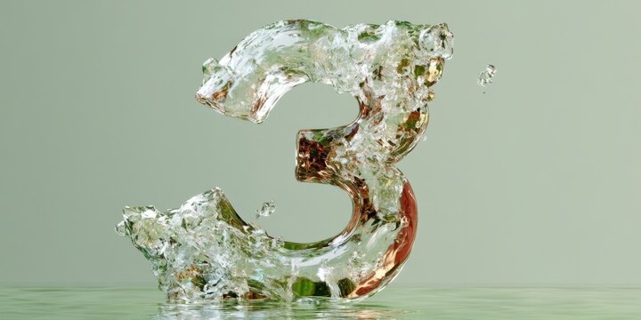 Frozen ice number three sculpture with splashes on light green background