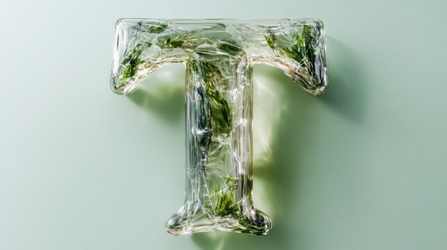 Letter t encased in glass with green foliage and natural background