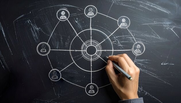 Hand sketching social network diagram on chalkboard with connected user icons, illustrating teamwork, communication, organizational structure and collaboration.
