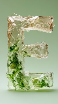 Crystal ice letter e with green plant elements