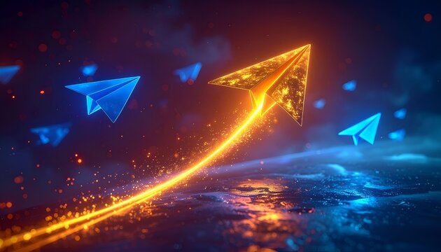 Golden paper airplane accelerating beyond blue competitors in futuristic style, symbolizing success, ambition, innovation, and market leadership.