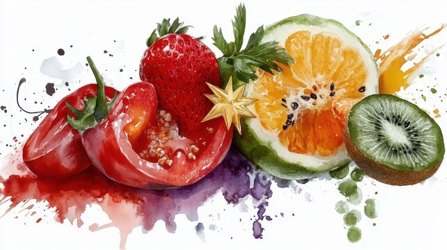 Vibrant watercolor fruits and vegetables splash with bell pepper, strawberry, and citrus. Exotic Vegetables and Star Fruit Month