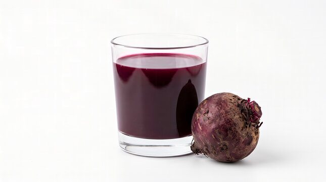 Fresh Organic Beetroot Juice Served in a Glass With a Whole Raw Beet Beside it on a White Background