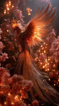 Phoenix ascending among blossoms with radiant plumage