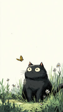 Black cat watching butterfly in grassy meadow with flowers