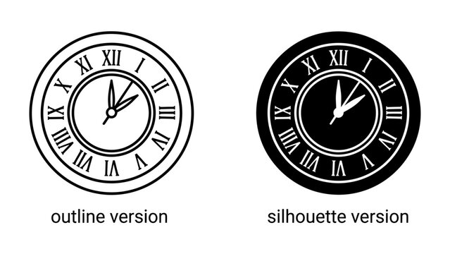Classic Clock Faces: A pair of circular clock faces, one in an outline style and the other a silhouette, both displaying Roman numerals and timekeeping hands.