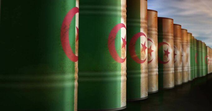 Algeria oil business and fuel extraction barrels in row seamless and loopable concept. Algerian petrol industrial containers.