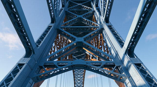 Low angle perspective view of large blue steel bridge truss framework structure looking up against clear blue sky.