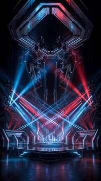 Futuristic Concert Stage with Blue and Red Laser Lights Background