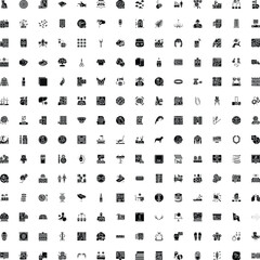 Fototapeta premium Diverse set of black and white glyph icons representing various objects, people, animals, technology, food, nature, and abstract concepts for graphic design