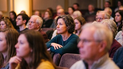 Fototapeta premium Audience listens attentively at a public event in a large indoor venue during the evening