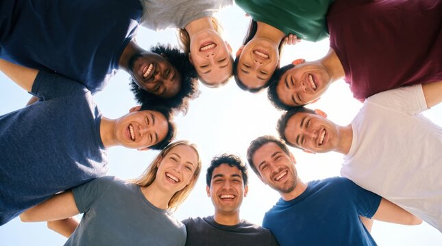 Circle Of Smiling People Viewed Directly From Below Outdoors