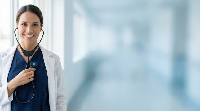 Doctor smiling, confidently presenting advanced digital diagnostic solutions for optimized patient outcome strategies.