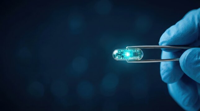 Gloved hand grasping smart capsule, demonstrating personalized medicine solutions for advanced health data analysis.
