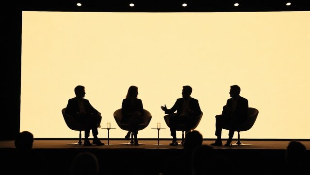 Discussion panel during an event with speakers in front of a blank screen in a conference hall